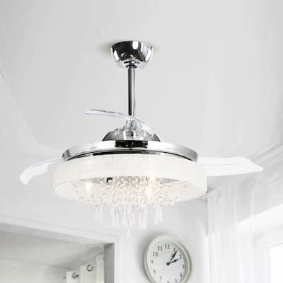 42-in Chrome Modern Retractable Chandelier Ceiling Fan with Light and Remote