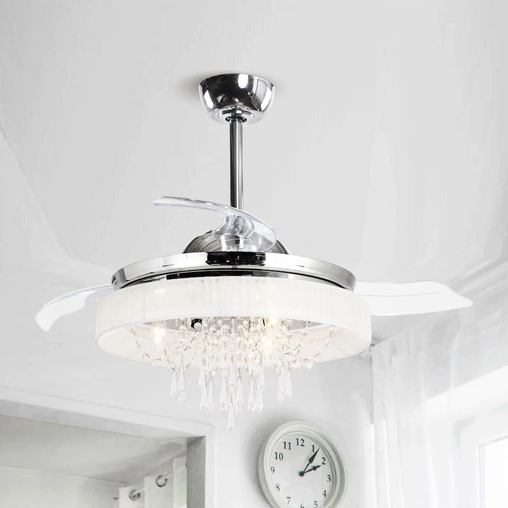 42-in Chrome Modern Retractable Chandelier Ceiling Fan with Light and Remote
