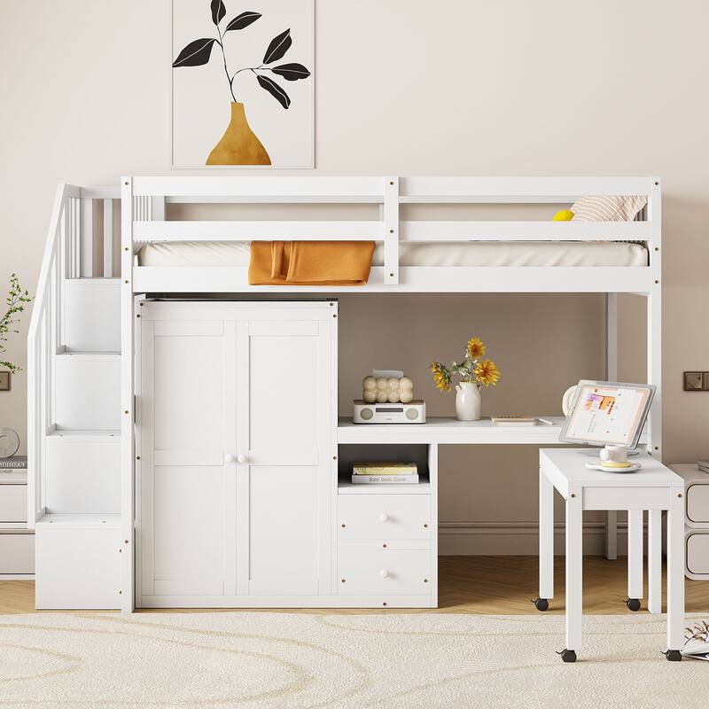 Space-Saving Twin Loft Bed with Playhouse-Inspired Design, Side Storage, Desk, and Wardrobe - Perfect for Kids & Teens