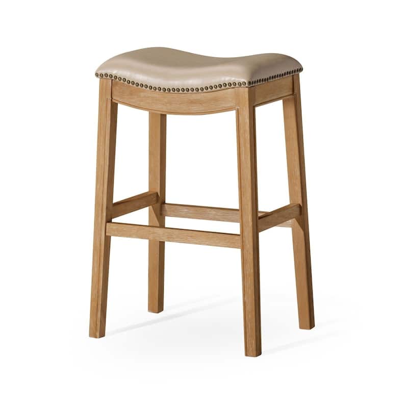 Maven Lane 31" Adrien Saddle Kitchen Bar Height Stool - N/A - Single - Weathered Oak Vegan Leather