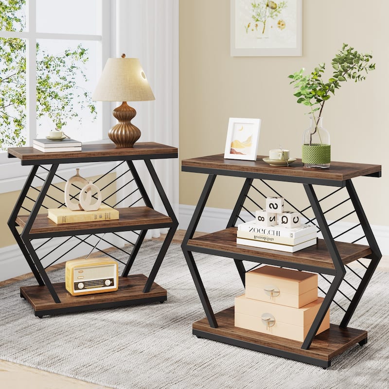 3-tier Rectangular End Side Table for Living Room - 2PCS - Coffee Brown +Black