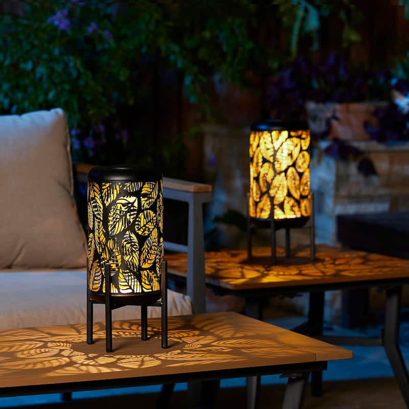 Glitzhome 14"H Outdoor Metal Cutout Flower/Leaves Solar Light Standing Lanterns Waterproof