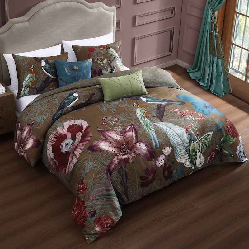 Bebejan Birds on Chocolate Brown 100% Cotton Sateen 5 Piece Reversible Comforter Set