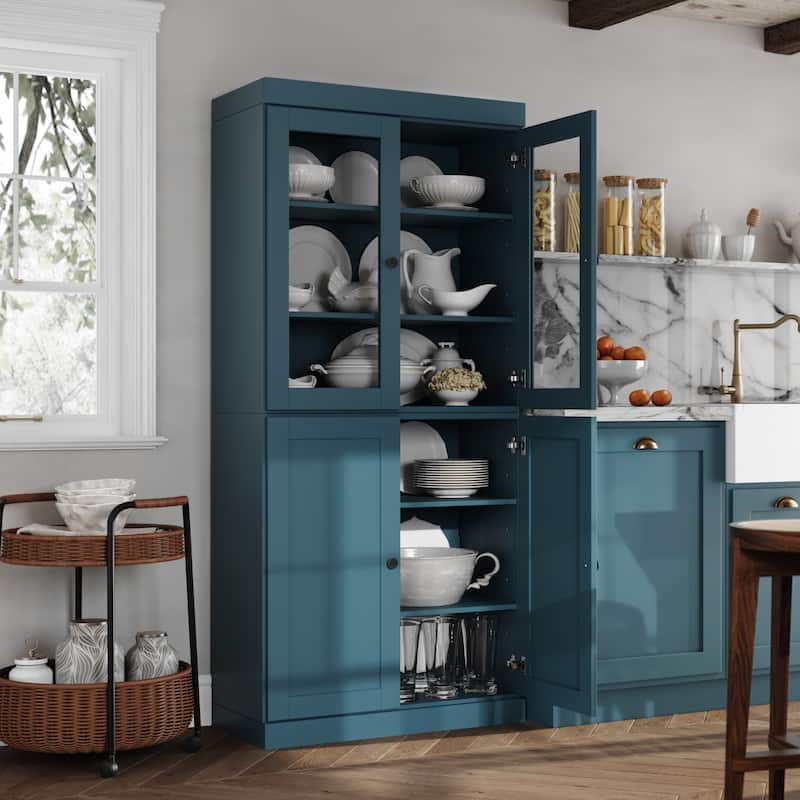 Palace Imports 100% Solid Wood 32" Pantry Cabinet with Clear Glass, Shaker Doors and Adjustable Shelves