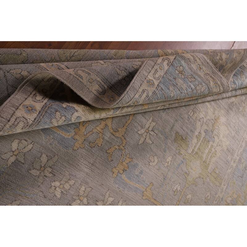 Vegetable Dye Oushak Turkish Area Rug Handmade Floral Grey Wool Carpet - 9'1" x 11'11"