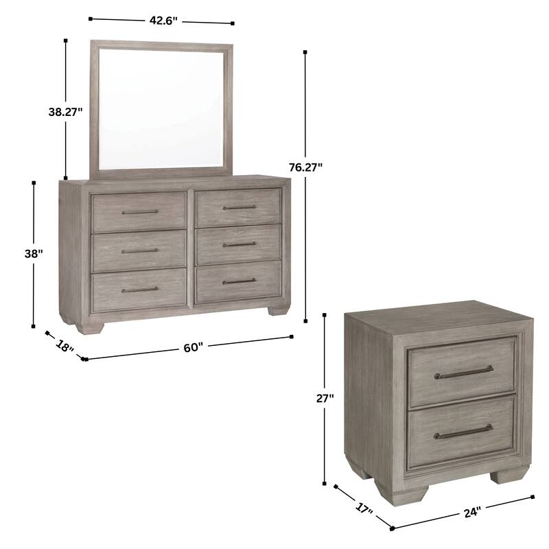 Roundhill Furniture Ennesley Gray Wood Bedroom Set with Upholstered Panel Bed, Dresser, Mirror, and 2 Nightstands