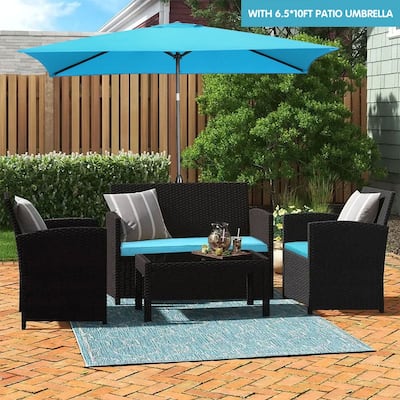Zenova Outdoor 4-piece Wicker Sofa Furniture Set with Patio Umbrella