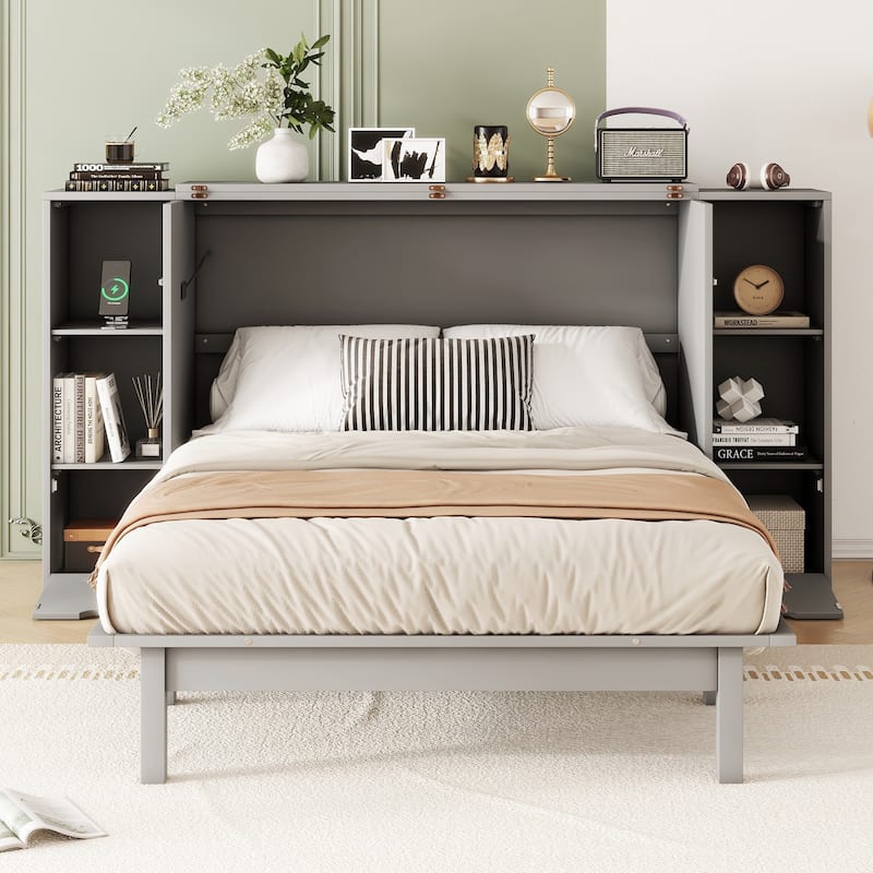 Murphy Bed with Shelves, Drawers and USB Ports - Gray - Full