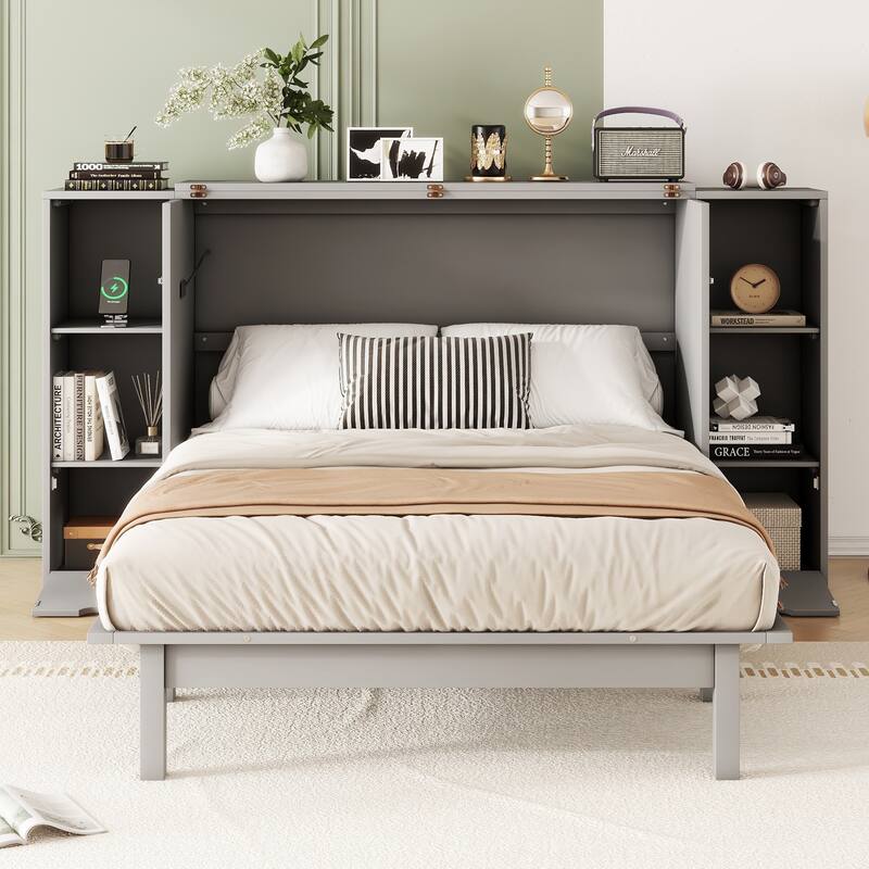 Space-Saving Full Size Murphy Bed with Shelves, Drawers, and USB Ports in Gray