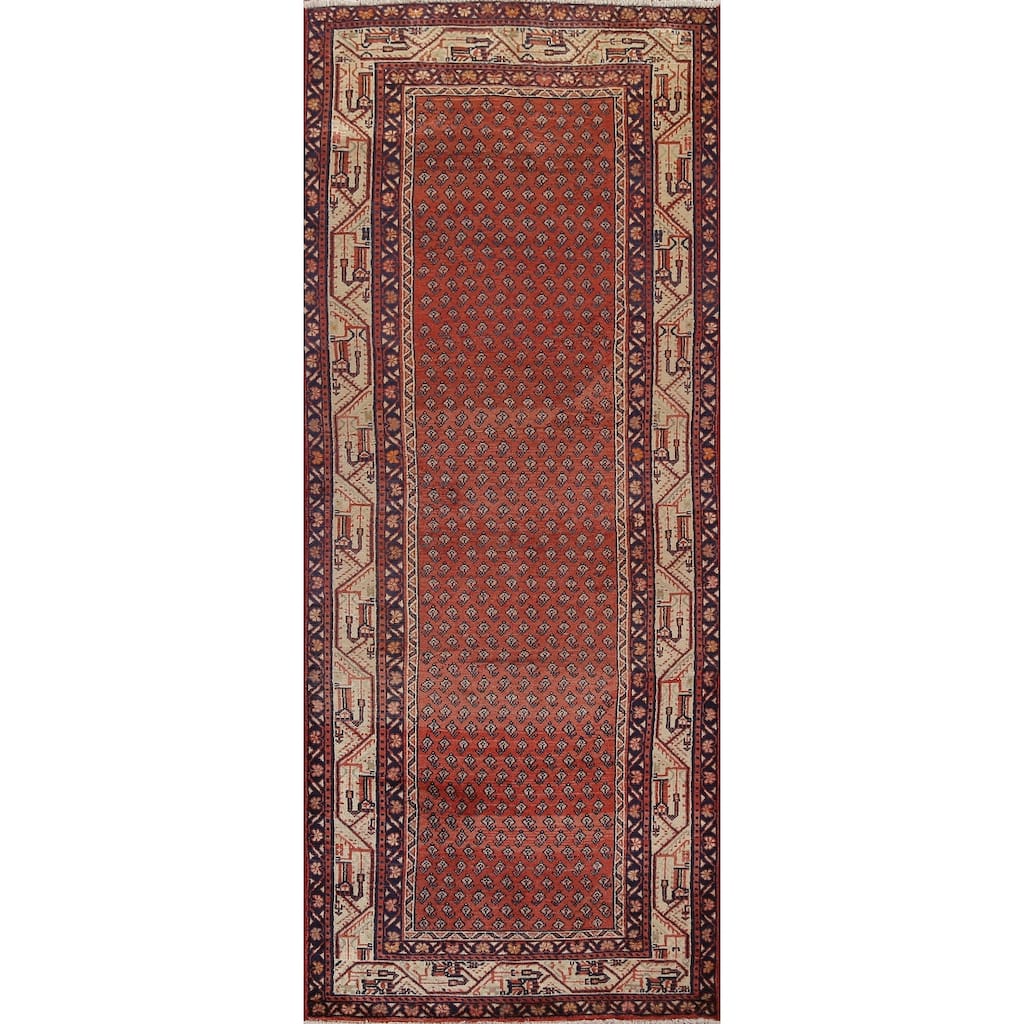 Red Boteh Botemir Persian Wool Runner Rug Hand-knotted Hallway Carpet - 3'6" x 9'10"