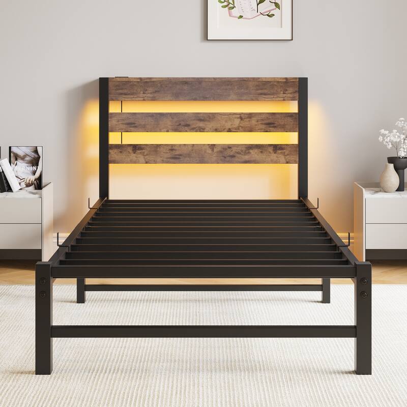 Modern Metal Bed with Wooden Headboard, RGB Lights & Storage Shelf