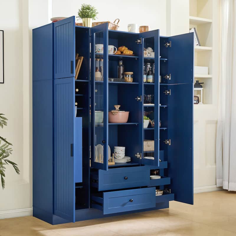 53" Modern Kitchen Pantry Cabinet with 6 Doors, Pull-Out Trays & Wine Rack - Blue