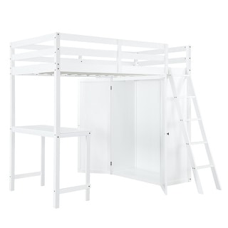 Loft Bed with Built-in Desk, Shelves & Storage Wardrobe