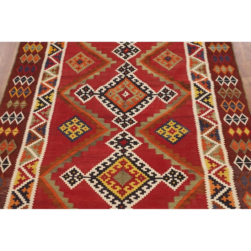 Kilim Qashqai Persian Vintage Rug Flatweave Oriental Red Wool Carpet - 5'0"x 8'2"