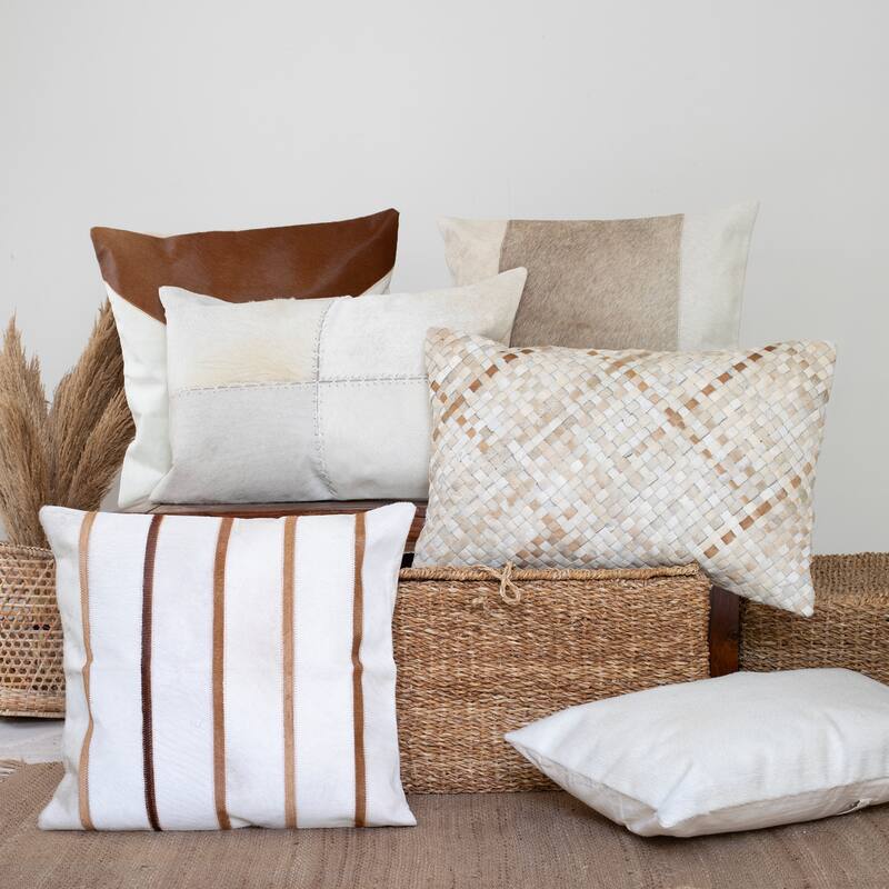 Vertical Striped Faux Leather Square Throw Pillow - 18" - White and Brown