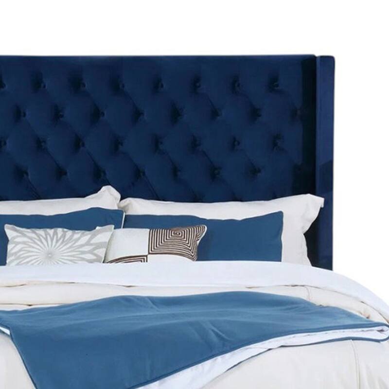 Hiu Queen Size Bed, Wingback Headboard, Navy Blue Velvet Like Upholstery