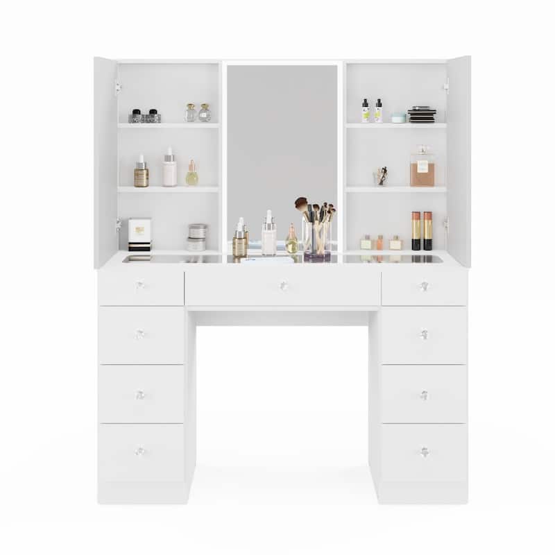 Boahaus w/Tri-Fold Lighted Makeup Vanity Desk With Glam Glass Top 9 Drawers Crystal knobs