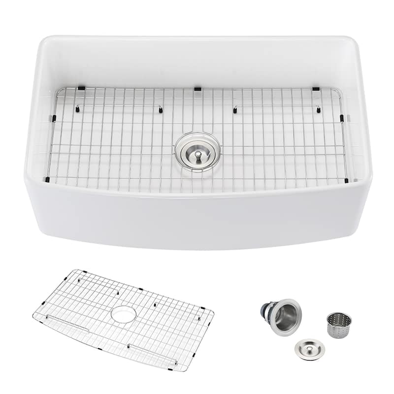 PROOX 30" W X 20" D Single Bowl Kitchen Apron-front Ceramic Porcelain Sink with Accessories - 30" W X 20" D - 30" W X 20" D