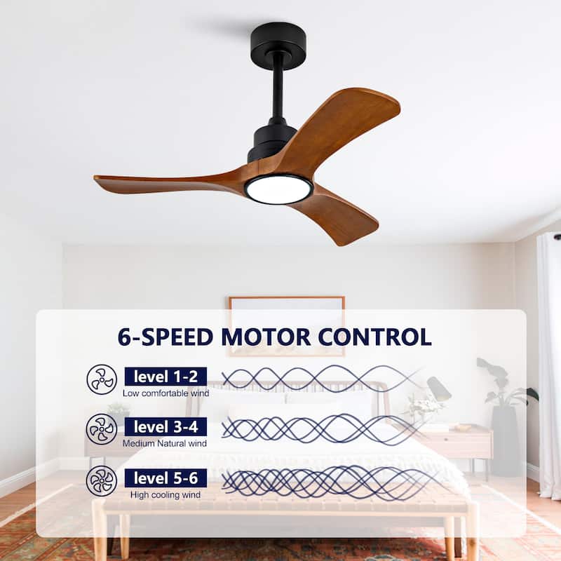 36-Inch Ceiling Fan Light with 6-Speed Remote Control, Black Three-Blade, Reversible Wooden Fan Blades, DC Motor