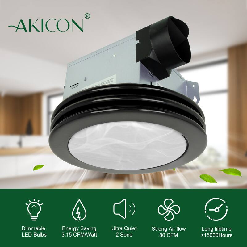 Akicon Exhaust Fan, Ultra Quiet 80 CFM 1.5 Sones Ventilation Exhaust Bathroom Fan with Light, 3 CCT LED Light, 3 Years Warranty