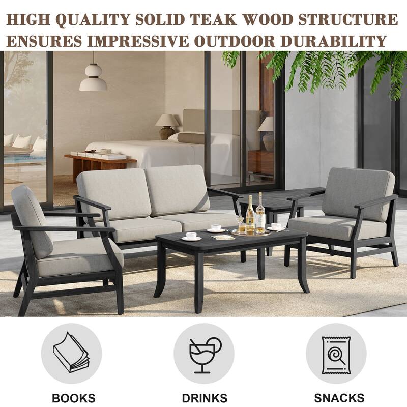5-Piece Outdoor Teak Wood Patio Conversation Set with Cushions
