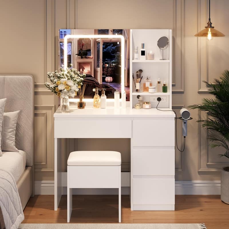 Vanity Desk with LED Mirror, Charging Ports, Storage Stool, Drawers, Hair Dryer Holder