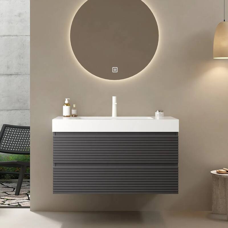 Plywood Wall-Mounted Bathroom Vanity Set in Grey with Integrated Acrylic Sink - 36"x 20”