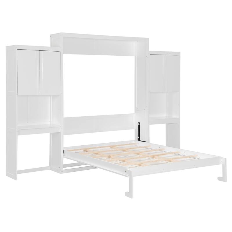 Queen Murphy Bed with Fold-Out Desk, Flip-Up Vanity Mirror, and Storage Cabinets, Space-Saving Design