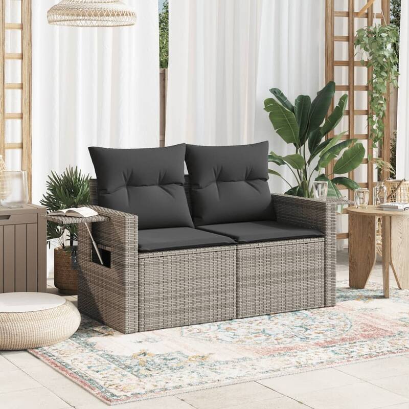 vidaXL Patio Sofa with Cushions 2-Seater Loveseat Modular Couch Poly Rattan - 24.4 x 48.8 x 27.2 in