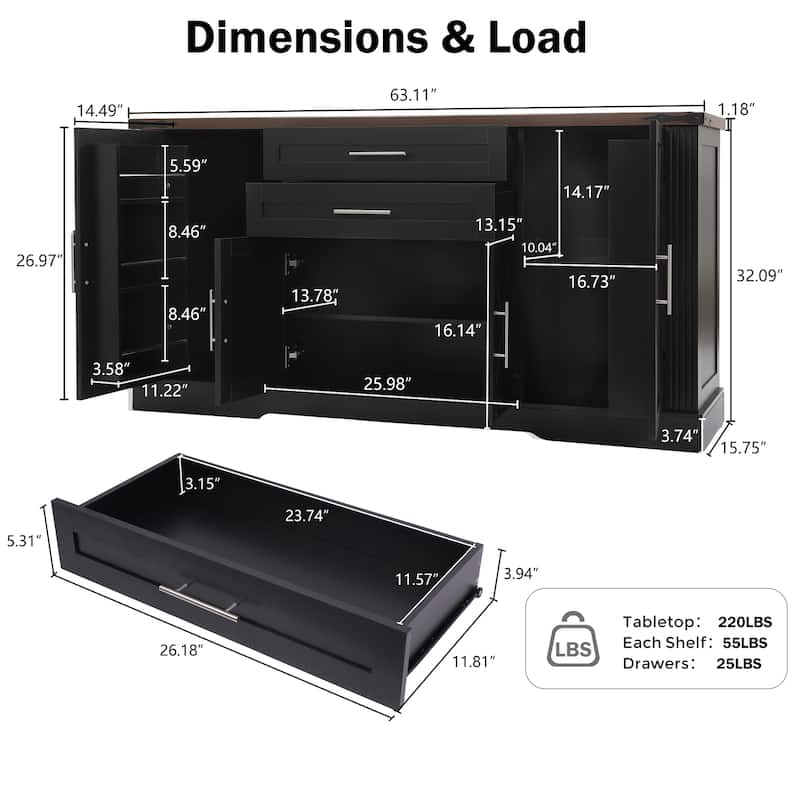 63" Barn Door Storage Cabinet with 2 Drawers & Door Rack, Large Buffet Table Coffee Bar Cabinets with Adjustable Shelves