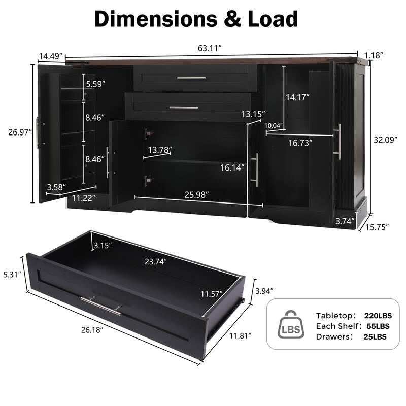 63" Sideboard Buffet Cabinet with Barn Door, Farmhouse Large Buffet Table with 2 Drawers Modern Coffee Bar w/ Adjustable Shelves