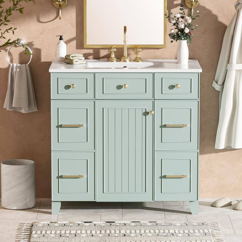36" Green Bathroom Vanity with Ceramic Sink, Soft-Close Doors, Two Double-Layer & Two Standard Drawers, Adjustable Shelf‌