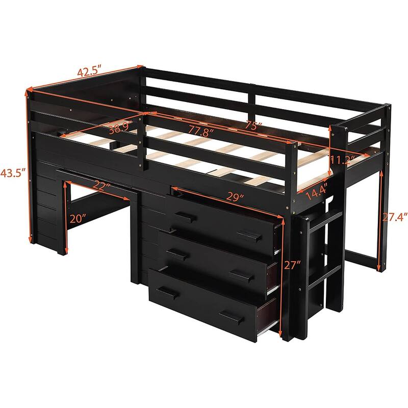 Twin Size Low Loft Bed with & Shelf, Solid Wood Bed Frame with