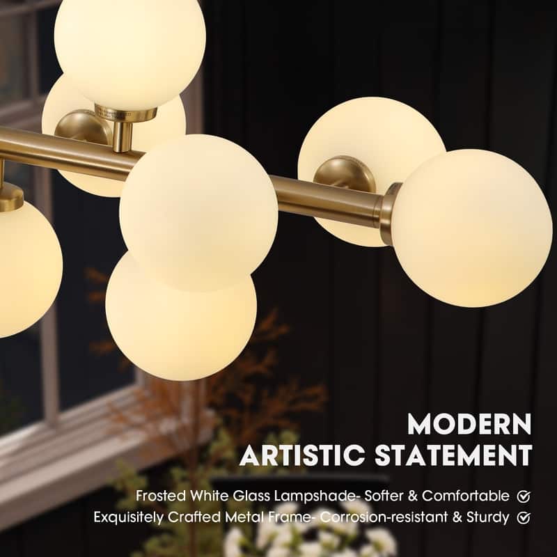 40 in. Linear Mid Century Modern Chandelier 16-Light Gold Brass Sputnik Pendant Light with Frosted Glass Globe for Dining Room