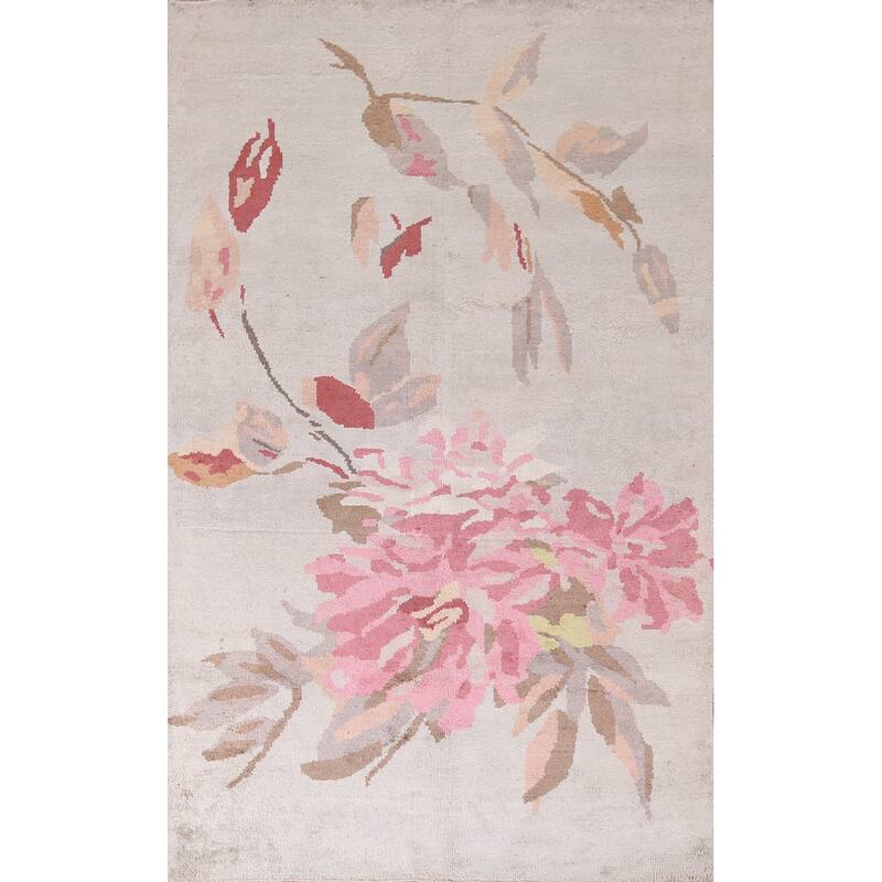 Handmade Abstract Indian Area Rug Oriental Beige Wool & Silk Carpet - 5'5"x 8'5"