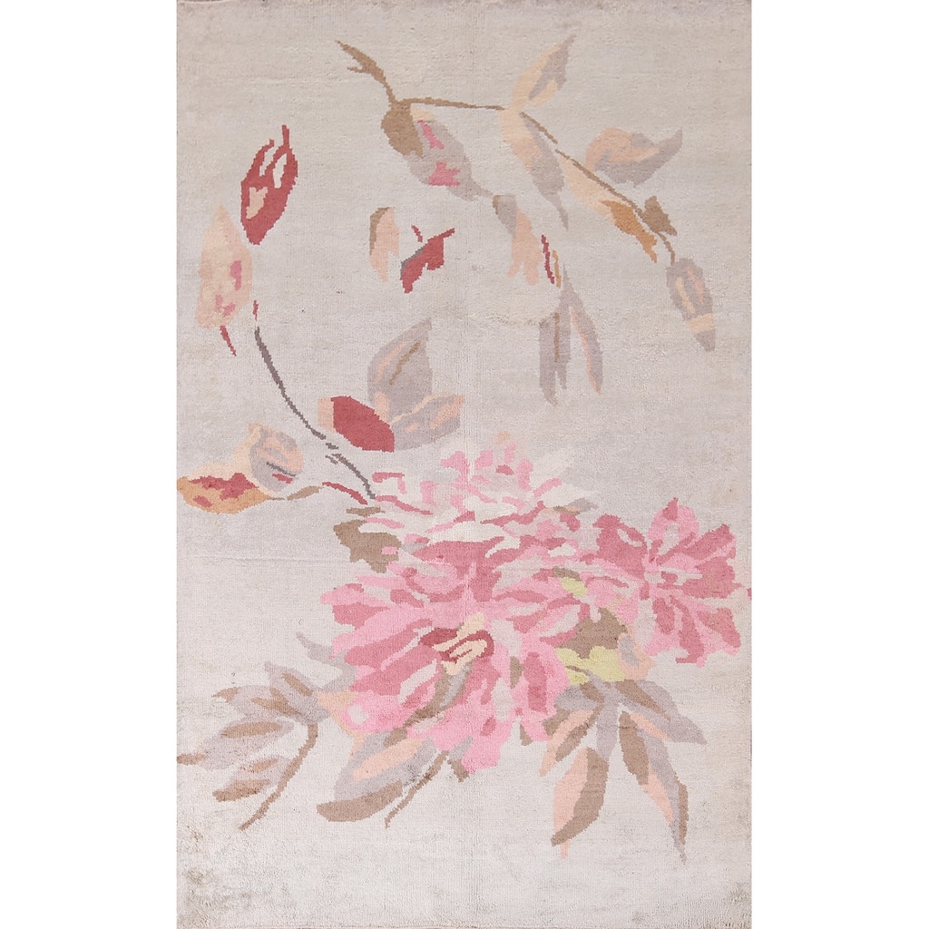 Handmade Abstract Indian Area Rug Oriental Beige Wool & Silk Carpet - 5'5"x 8'5"