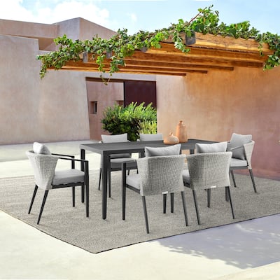 Palma Outdoor Patio 7-Piece Dining Table Set in Aluminum and Wicker with Grey Cushions