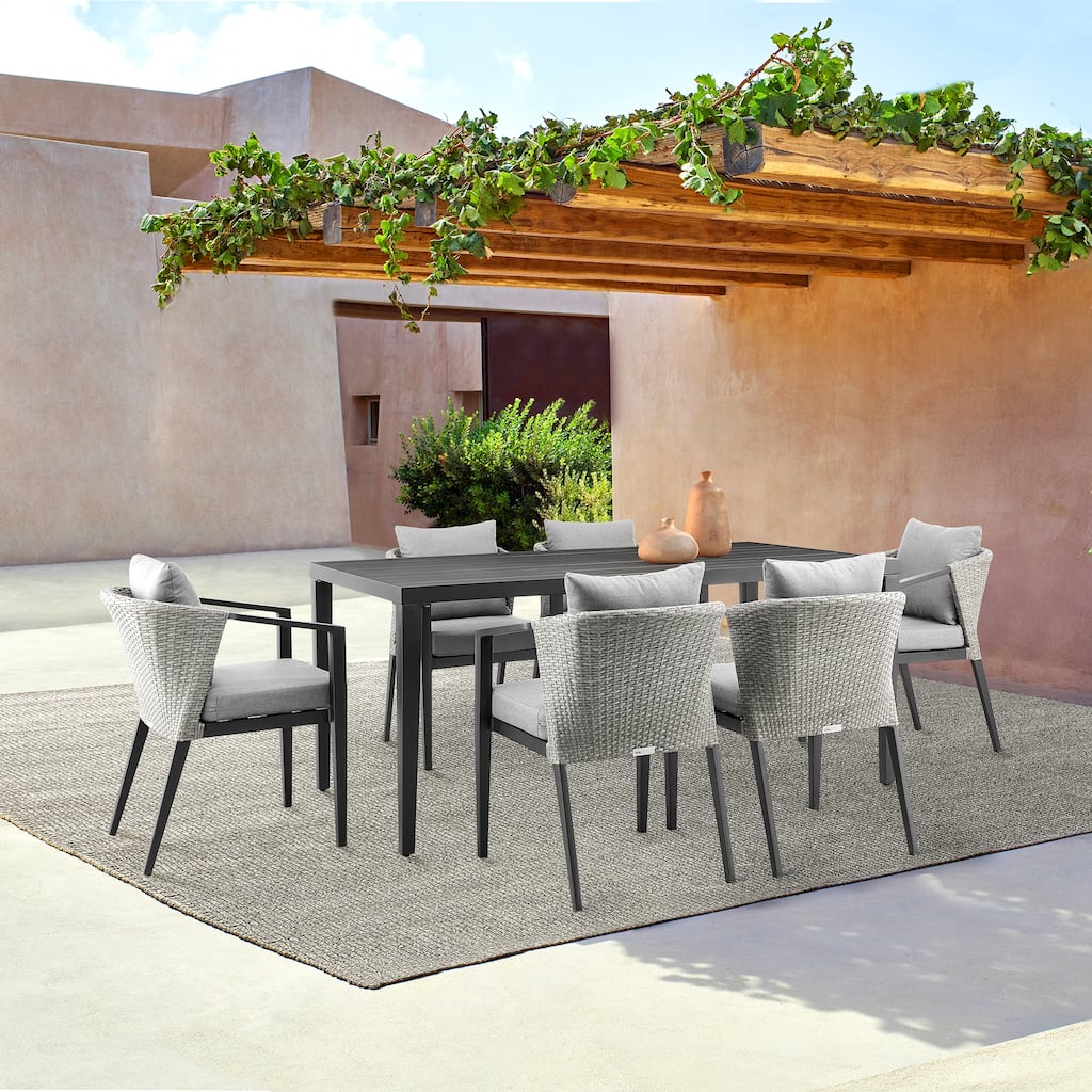 Palma Outdoor Patio 7-Piece Dining Table Set in Aluminum and Wicker with Grey Cushions