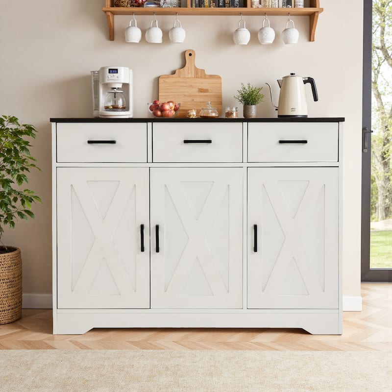 Barn Door Buffets Storage Cabinet Sideboards with 3 Drawers - White Brown
