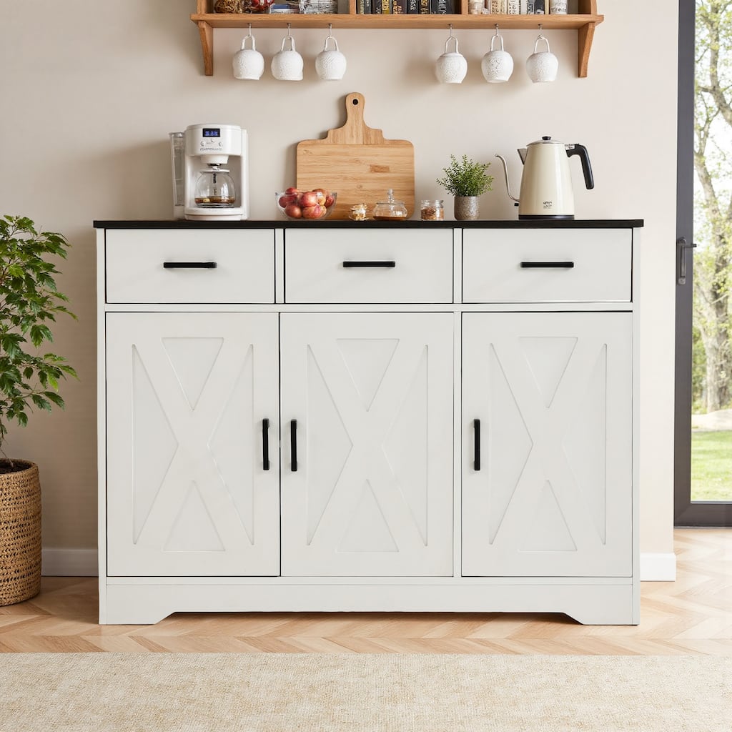Barn Door Buffets Storage Cabinet Sideboards with 3 Drawers