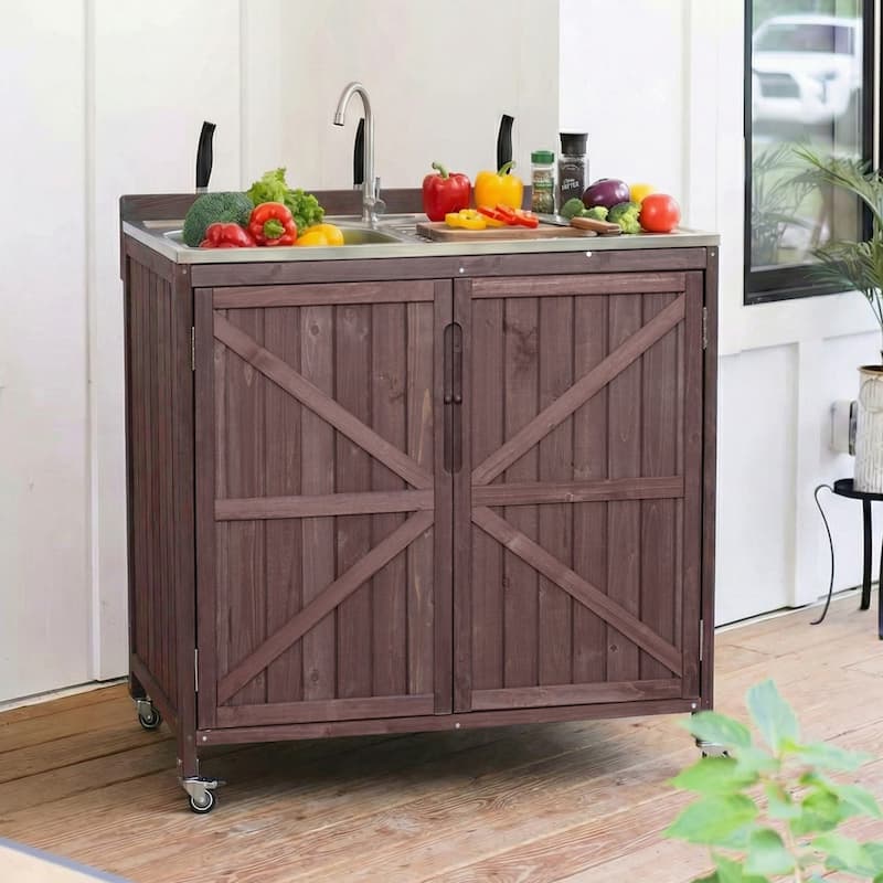 39.4" Outdoor Kitchen Island with Sink, Outdoor Kitchen Cabinet with Back Splash & 4 Wheels for Pizza Prep - Dark Brown