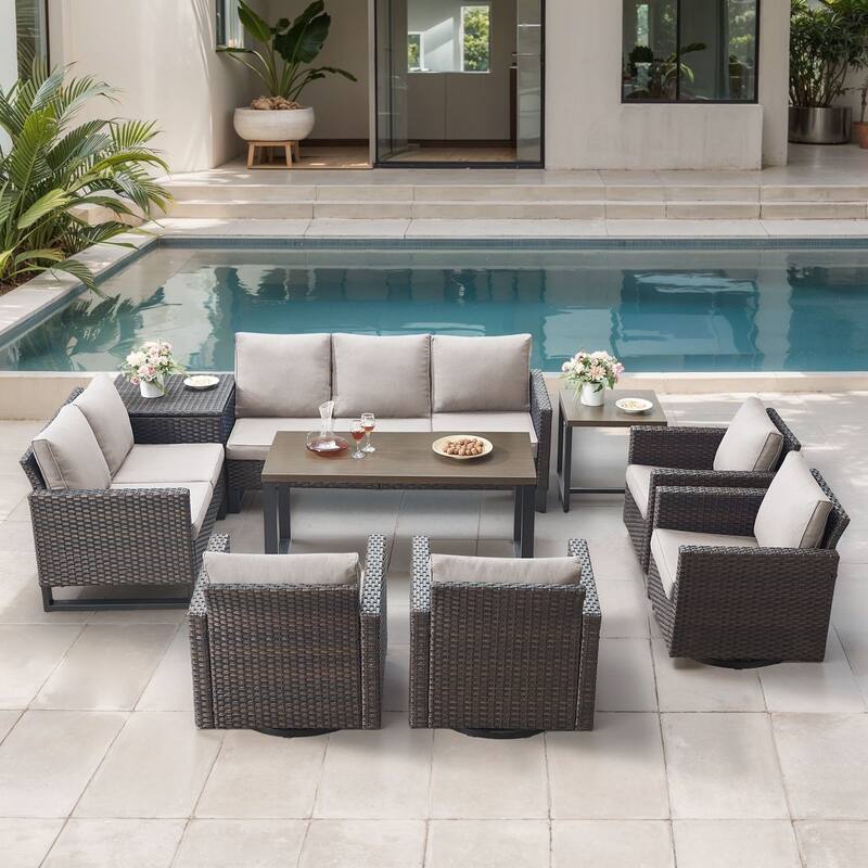 Gymojoy 9 Person Outdoor Courtyard Wicker Family Conversation Set Group With Swivel Chairs And Storage - Brown Wicker / Beige Cusion - 9-Piece