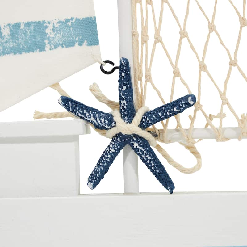 Resin Sail Boat Sculpture with Netting and Starfish Details - Set of 3 Blue - Roche River Decor - 2"W x 9"L x 14"H