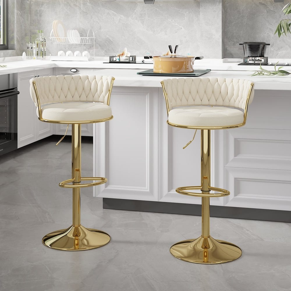 Javlergo 4 Colors Bar Stools Set of 2 Elegant Velvet Swivel Bar Stools with Adjustable Height Woven Back & Golden Base