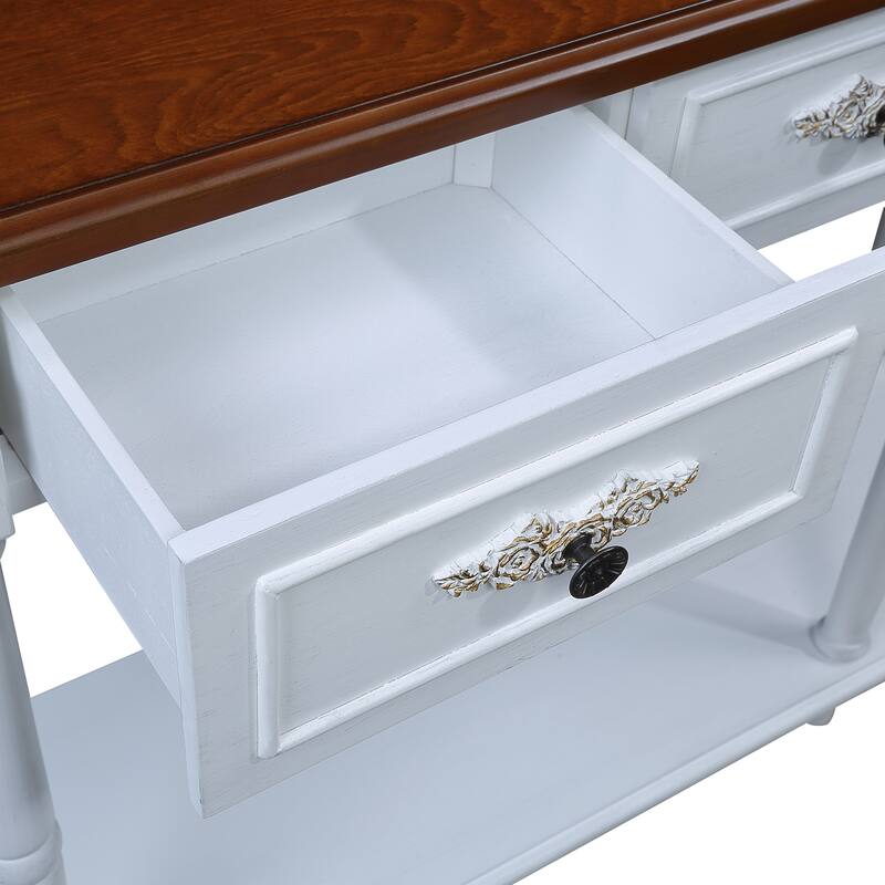 Curved Wood Console Table Sofa Table with Open Shelf and Drawers
