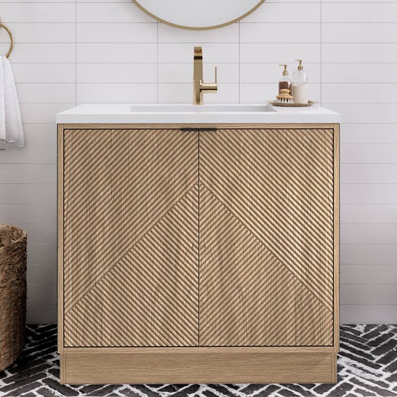 Milano 36" Freestanding Bathroom Vanity with White Acrylic Sink - 35.42" x 19.49" x 35.46'' - Beige