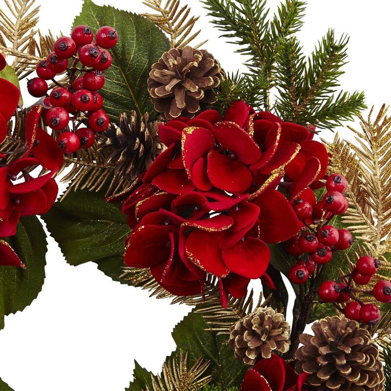 Hydrangea, Pine Cone & Berry Artificial Christmas Wreath, 24-"