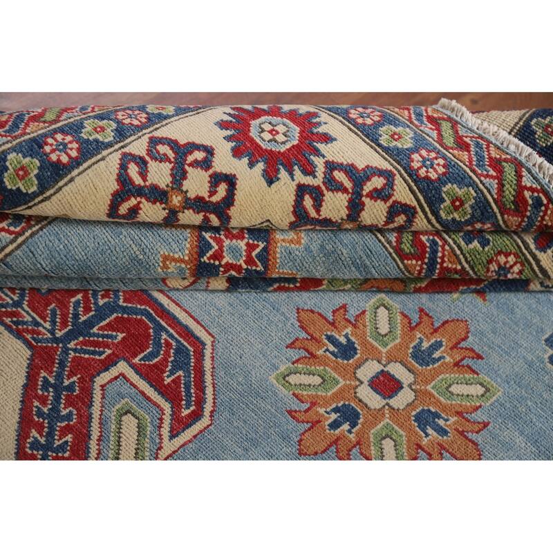 Hand Knotted Oriental 100% Wool Carpet Traditional Geometric Navy Blue & Blues Kazak Area Rug - 9' 8'' X 6' 6''