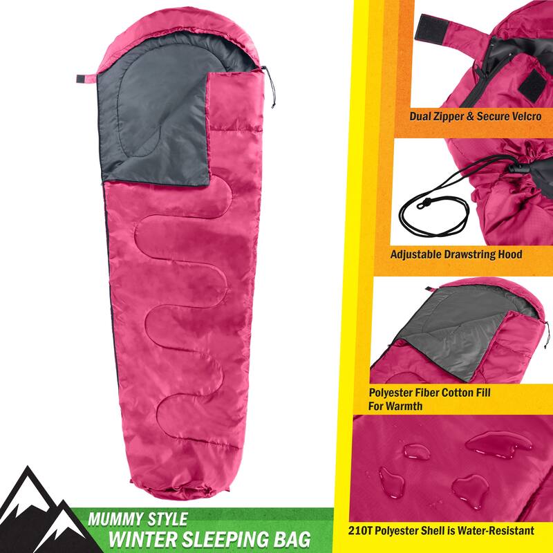 Mummy Sleeping Bag - Cold Weather Sleeping Bag - Waterproof with Drawstring Hood - Camping Equipment by Wakeman Outdoors