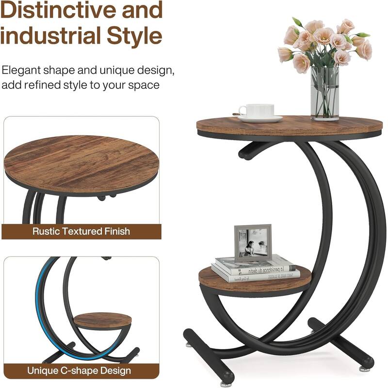 16.68" Industrial Round Side Table, 2-Tier End Table with Storage